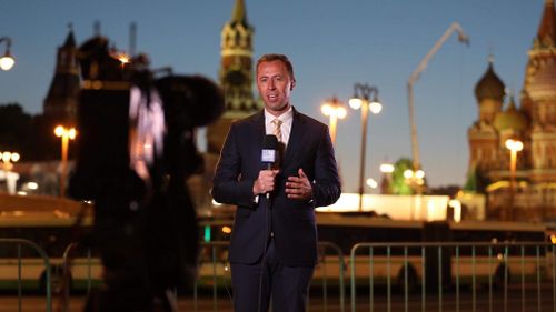 9NEWS Sports Reporter Clint Stanaway broadcasts live to Australia from  Moscow. Picture: Clint Stanaway 