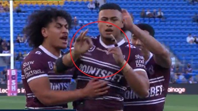 Manly player Haumole Olakau&#x27;atu celebrates a try against Gold Coast.