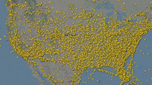 Flightradar24 posted this image of planes flying above North America on Tuesday.