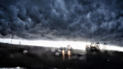 Inside a whale's mouth. The turbulent underside of a shelf cloud is pictured near Griffith, NSW.  