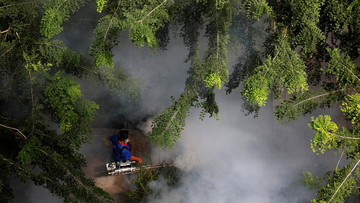 A worker fogs a housing estate for mosquitoes in Singapore on August 27, 2020.