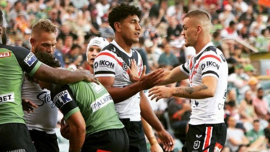 Roosters young gun Siua Wong in action against the Raiders, from his Instagram account.