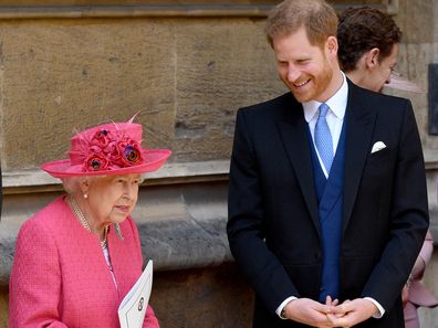 Queen Elizabeth II and Prince Harry, Duke of Sussex attend the wedding of Lady Gabriella Windsor and Thomas Kingston in 2019