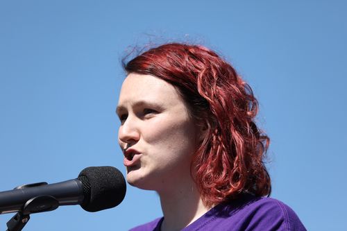Saxon Mullins speaks at the March 4 Justice protest in Canberra on March 15.