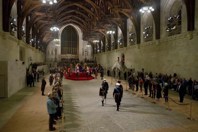 King Charles III, Britain's Princess Anne, Britain's Prince Andrew and Prince Edward attend a vigil for Queen Elizabeth II, as she lies in state on the catafalque in Westminster Hall, at the Palace of Westminster, London, Friday Sept. 16, 2022