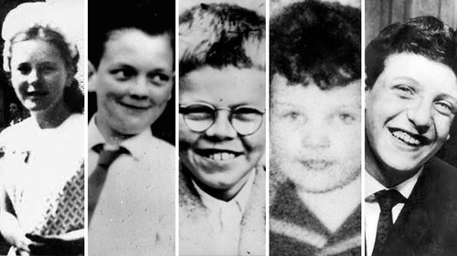 From left to right: Pauline Reade (16), John Kilbride (12), Keith Bennett (12), Lesley Ann Downey (10) and Edward Evans (17) were all killed by Ian Brady and girlfriend Myra Hindley.