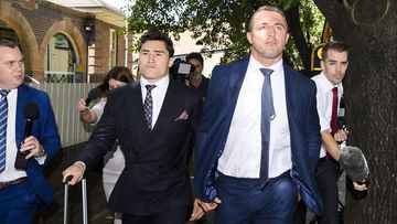 Sam Burgess with his lawyer Bryan Wrench outside Moss Vale Local Court today. The retired Rabbitohs superstar has been found guilty of intimidating his former father-in-law.