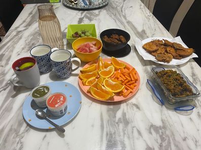 First iftar of the year! The fried food consists of Bengali Ramadan staples - piyaju (a lentil and onion fritter, in the black container), beguni (an eggplant fritter, on the plate), and boot (stir fried chickpeas, in the square glass bowl).