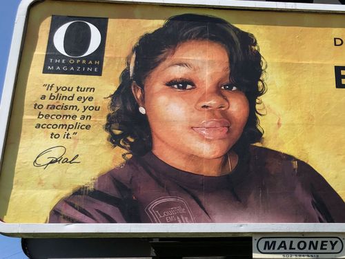 A billboard sponsored by O, The Oprah Magazine, is on display with with a photo of Breonna Taylor, Friday, Aug. 7, 2020 in Louisville, KY