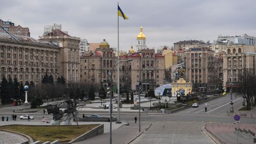 The almost deserted center of the Ukrainian capital of Kyiv is seen on February 25, 2022.