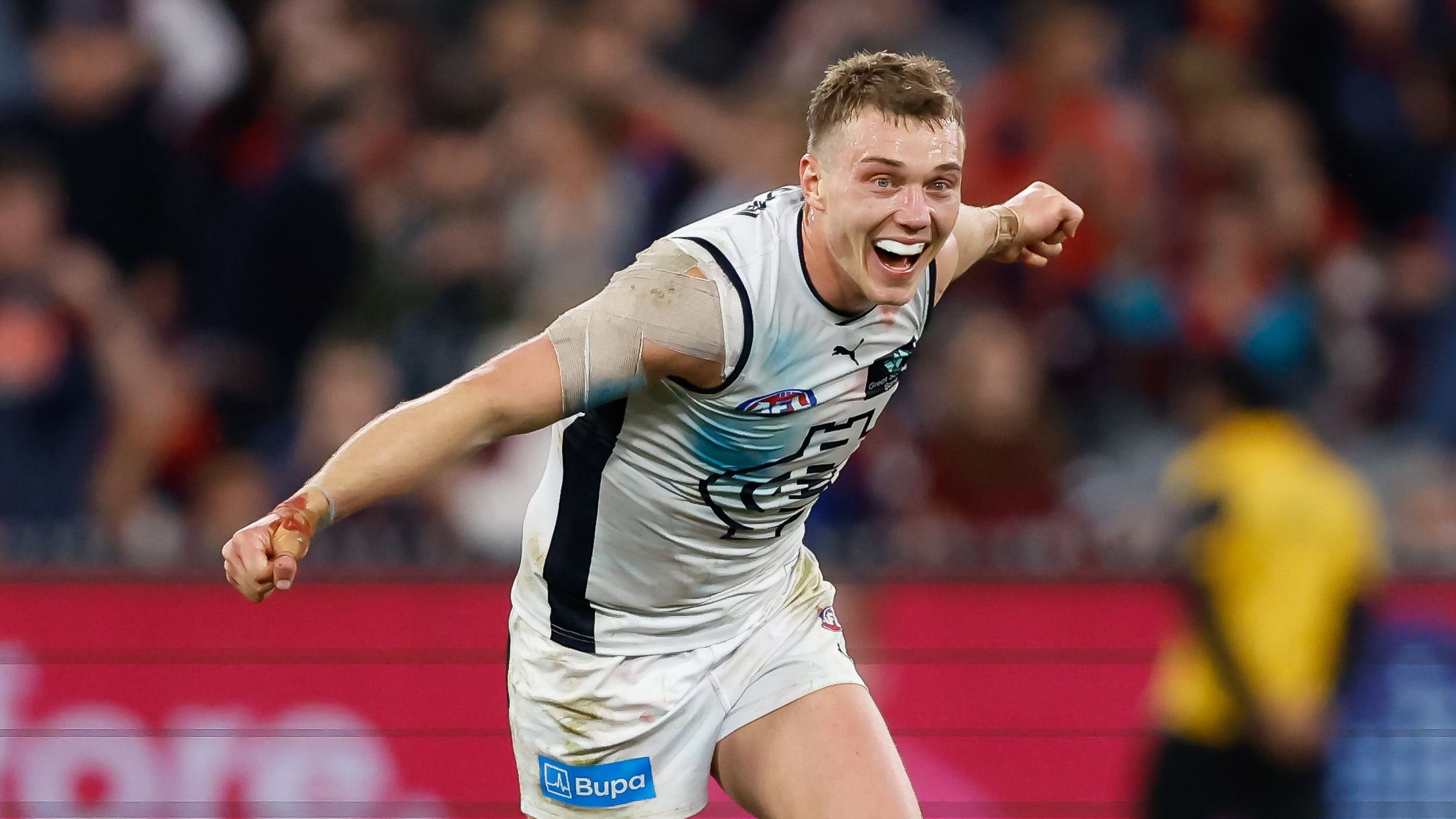 MELBOURNE, AUSTRALIA - SEPTEMBER 15: Patrick Cripps of the Blues reacts after the siren during the 2023 AFL First Semi Final match between the Melbourne Demons and the Carlton Blues at Melbourne Cricket Ground on September 15, 2023 in Melbourne, Australia. (Photo by Dylan Burns/AFL Photos via Getty Images)