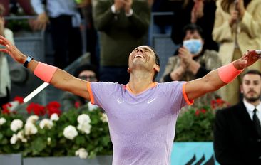 Rafael Nadal of Spain celebrates victory against Alex de Minaur of Australia in the Men&#x27;s Singles Round of 64 match during Day Five of the Mutua Madrid Open at La Caja Magica on April 27, 2024 in Madrid, Spain. (Photo by Clive Brunskill/Getty Images)