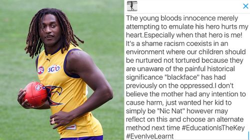 Nic Naitanui has taken to Twitter after a Perth woman painted her son's face black to resemble the AFL player. (Twitter/@RealNaitanui)