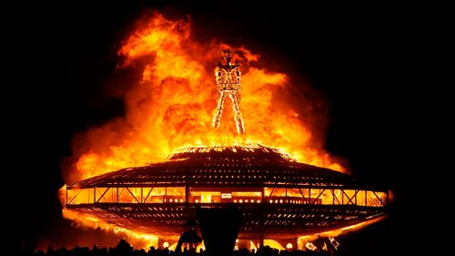 The "Man" burns on the Black Rock Desert at Burning Man near Gerlach, Nevada in 2013. (AP)
