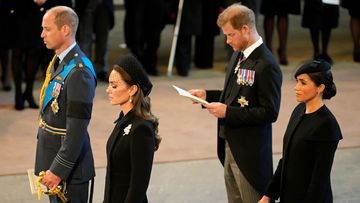 Prince William, Prince of Wales, Catherine, Princess of Wales, Prince Harry, Duke of Sussex, and Meghan, Duchess of Sussex aat the vigil for Queen Elizabeth II in  Westminster Hall