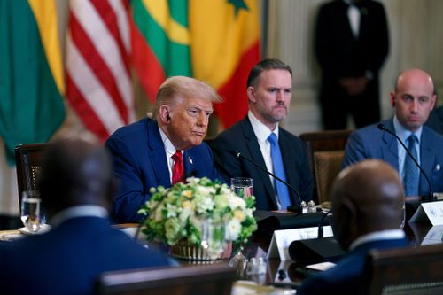 US President Donald Trump, from left, Jamieson Greer, US trade representative, and Stephen Miller, deputy White House chief of staff for policy, during a meeting with African leaders in the State Dining Room of the White House in Washington, DC, US, on Wednesday, July 9, 2025. Trump is meeting the leaders of five African nations that will potentially offer American businesses opportunities in critical minerals and other natural resources. Photographer: Will Oliver/EPA/Bloomberg