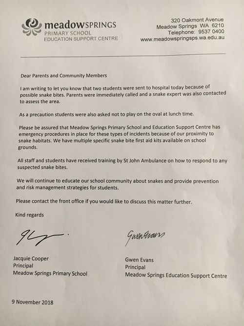 This note was sent home with students on Friday, informing parents that two pupils had been rushed to hospital for “possible snake bites”. 