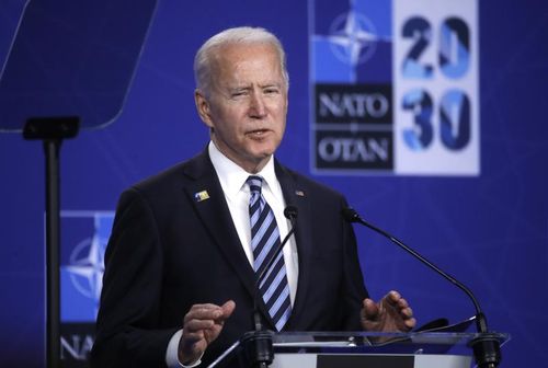 U.S. President Joe Biden speaks during a media conference during a NATO summit in Brussels, Monday, June 14, 2021. The Chinese mission to the European Union on Tuesday denounced a NATO statement that declared Beijing a "security challenge," saying China is actually a force for peace but will defend itself if threatened.