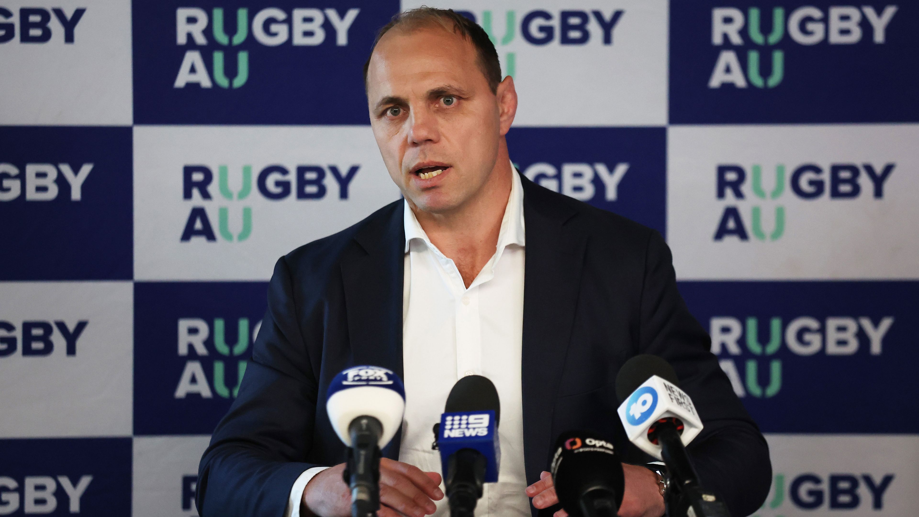 Rugby Australia CEO Phil Waugh speaks to the media during a press conference at Rugby Australia HQ on October 31, 2023 in Sydney, Australia. 