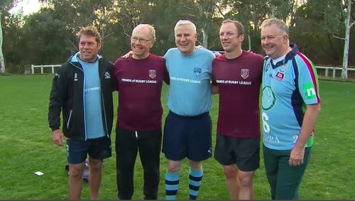 Kimmorley, ARL chairman and former Queensland premier Peter Beattie, Mr McCormack, Lockyer and Albanese pose up for a post-game picture: 9NEWS