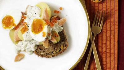 <strong>Smoked fish and egg salad on rye toasts</strong>