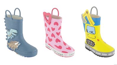 Junior wellies in dino, hearts and digger designs from Kmart