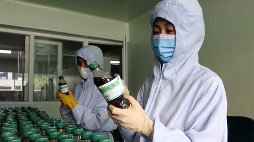 Employees of Junggu Koryo Medicine Pharmaceutical Factory produce Koryo medicines in Pyongyang, North Korea.