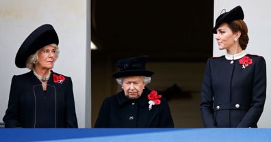 Camilla, Duchess of Cornwall, Queen Elizabeth II and Catherine, Duchess of Cambridge attend the annual Remembrance Sunday Service at The Cenotaph on November 11, 2018 in London, England. 