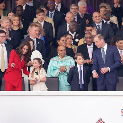 WINDSOR, ENGLAND - MAY 07: King Charles III, Queen Camilla, Catherine, Princess of Wales, Princess Charlotte of Wales, Prince George of Wales, Prince William, Prince of Wales, Rishi Sunak and Rishi Sunak are seen during the Coronation Concert on May 07, 2023 in Windsor, England. The Windsor Castle Concert is part of the celebrations of the Coronation of Charles III and his wife, Camilla, as King and Queen of the United Kingdom of Great Britain and Northern Ireland, and the other Commonwealth rea