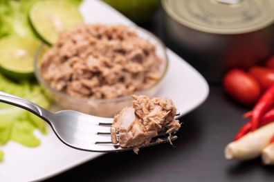 Closeup of canned tuna on a fork