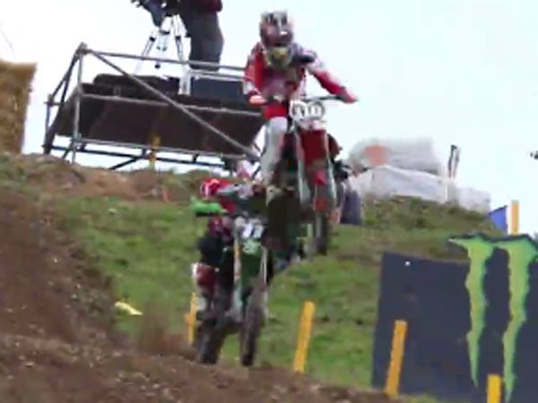 Austrian motocross rider Pascal Rauchenecker lands on Brit rival Max Anstie. (Supplied)