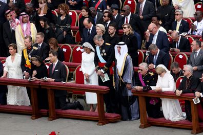 VATICAN CITY, VATICAN - MAY 18: (L-R) Princess Charlene of Monaco, Prince Albert II of Monaco, Grand Duchess Maria Teresa, Grand Duke Henri of Luxembourg, Princess Sophie of Liechtenstein of Belgium, Alois, Hereditary Prince of Liechtenstein, Queen Letizia of Spain, King Felipe VI of Spain and Sheikh Saud bin Saqr al Qasimi pray during the Inauguration Mass of Pope Leo XIV in St Peter's Square  on May 18, 2025 in Vatican City, Vatican. Pope Leo XIV (formerly Robert Francis Prevost) presided over