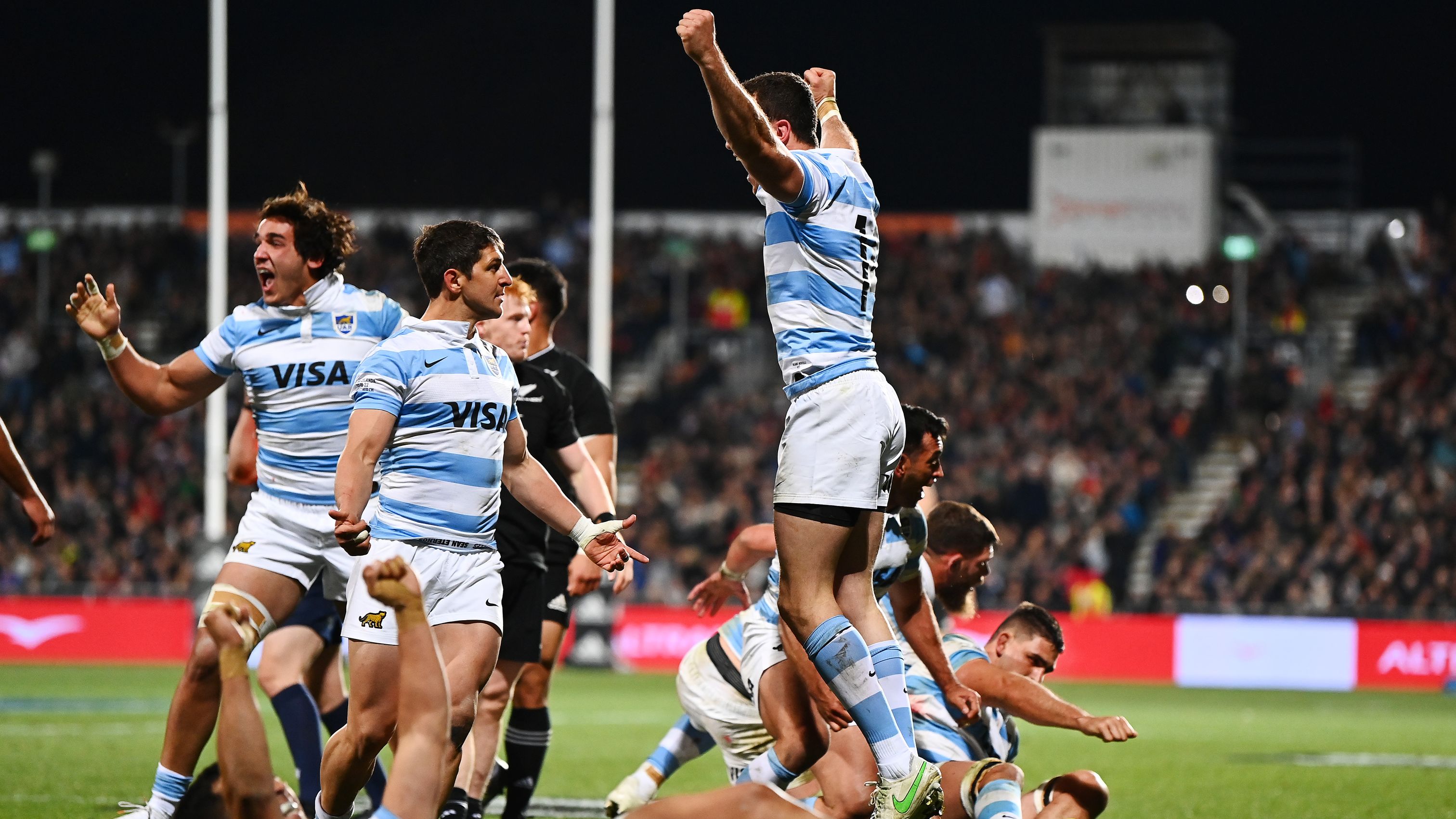 The Pumas celebrate winning the Rugby Championship match.