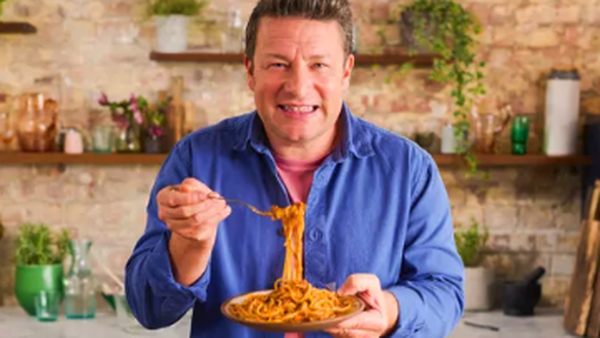 Celebrity chef Jamie Oliver with his 50/50 Bolognese.