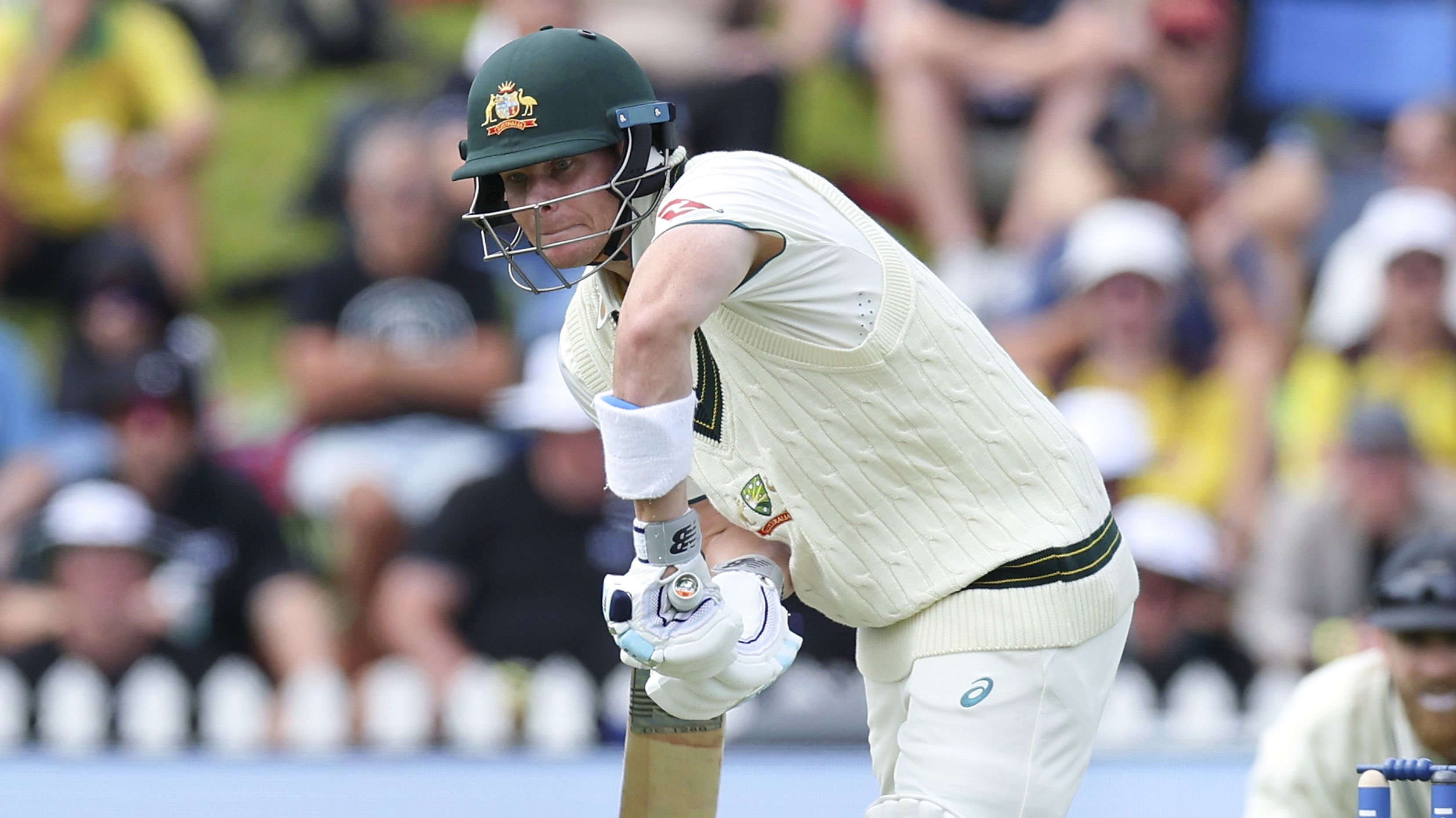 Steve Smith of Australia bats during day one of the First Test in the series between New Zealand and Australia at Basin Reserve on February 29, 2024 in Wellington, New Zealand. (Photo by Hagen Hopkins/Getty Images)