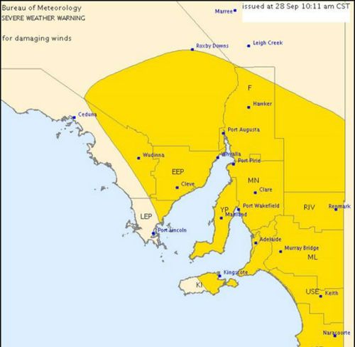 A severe weather warning has been issued for Adelaide and surrounding areas (marked in yellow). (Supplied, BoM)