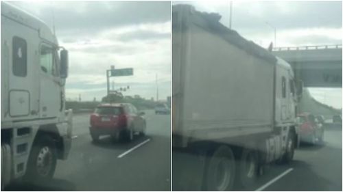 The truck was filmed tail-gating the red vehicle on the Geelong Highway this morning. (Supplied)