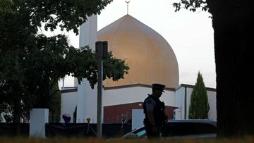 A police officer stands guard in front of the Al Noor mosque in Christchurch.