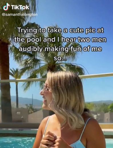Influencer confronts men at pool making fun of her for taking pool selfie