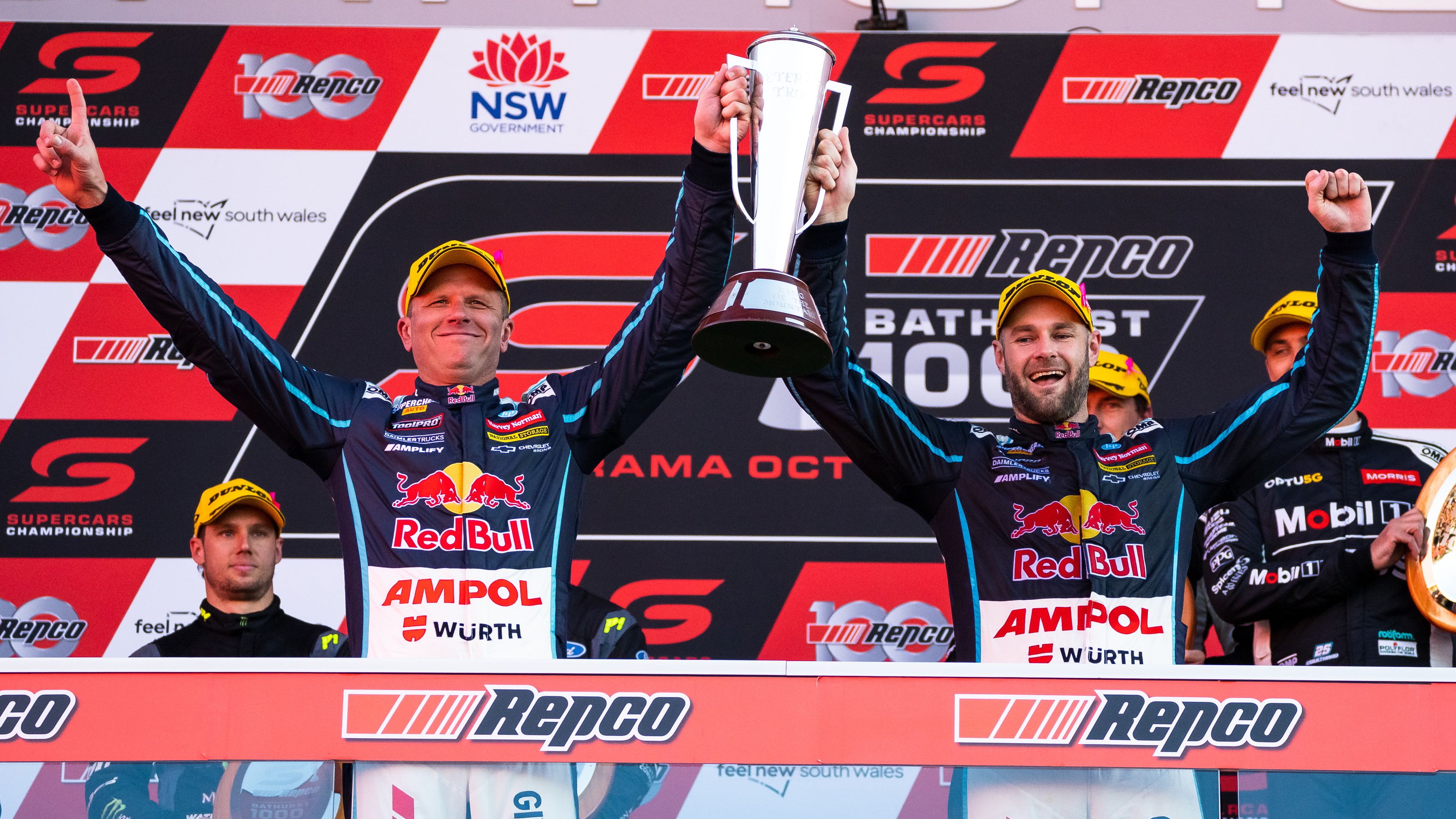 Shane van Gisbergen driver of the #97 Red Bull Ampol Holden Commodore ZB and Garth Tander driver of the #97 Red Bull Ampol Holden Commodore ZB celebrate after winning the Bathurst 1000, which is race 30 of 2022 Supercars Championship Season at Mount Panorama on October 09, 2022 in Bathurst, Australia. (Photo by Daniel Kalisz/Getty Images)