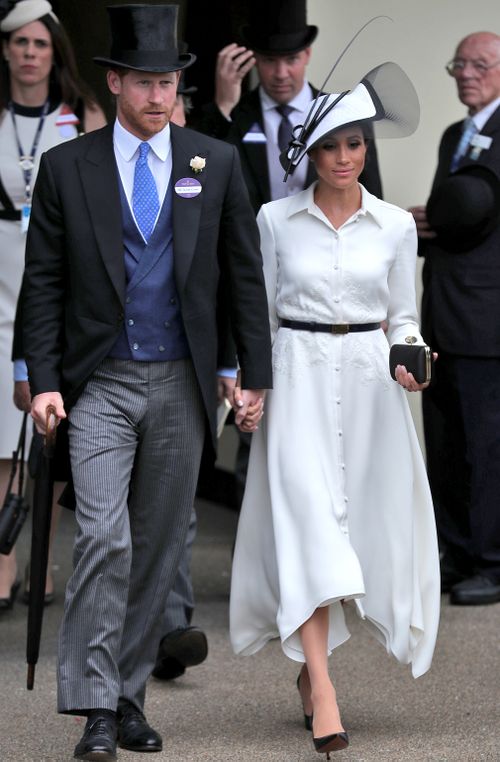 The new royal wore a hat by go-to milliner Philip Treacy, coupled with a fresh and floaty white Givenchy knee-length dress. Picture: Getty