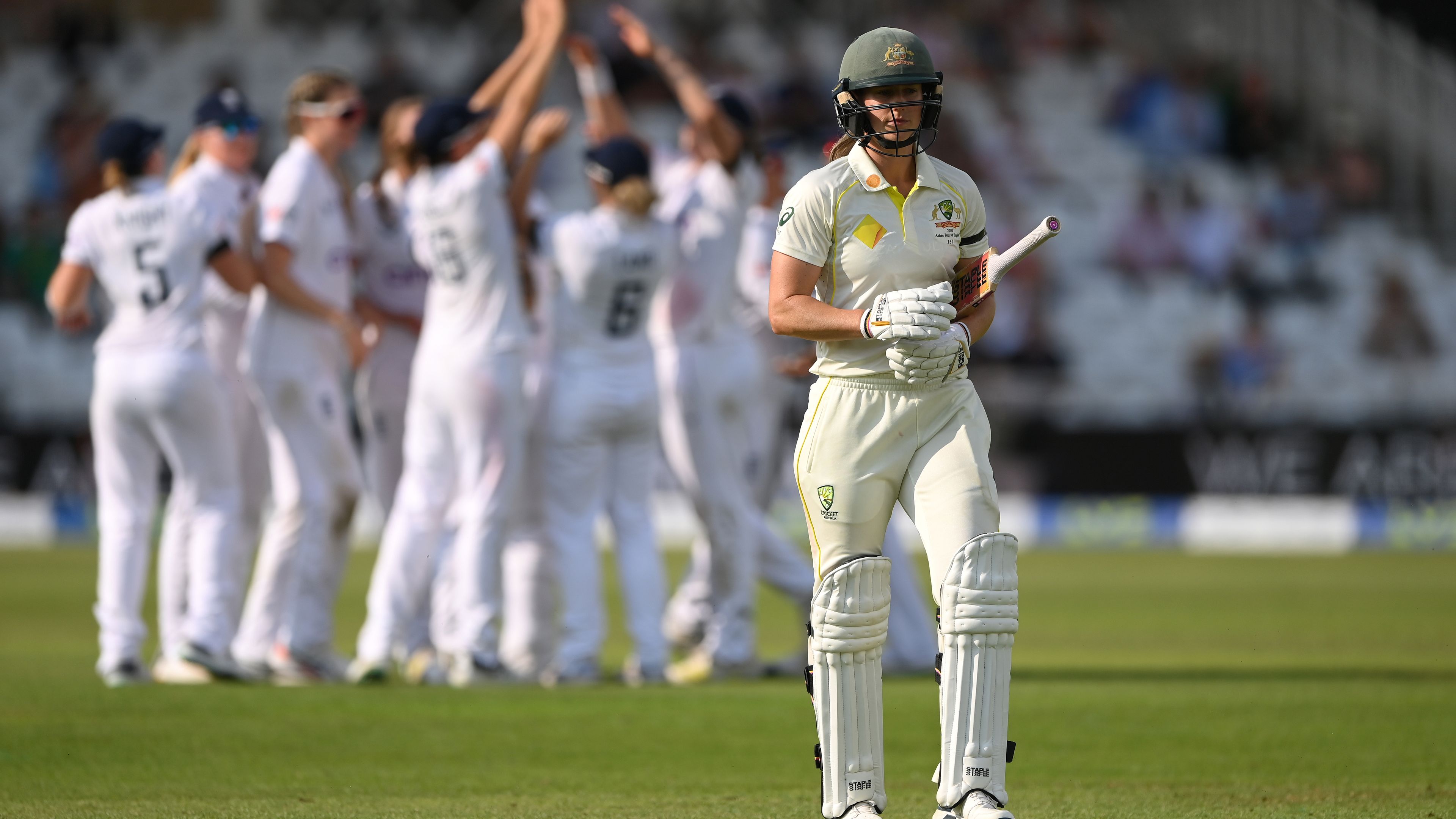 Australia batter Ellyse Perry reacts after being dismissed for 99 in the Ashes.