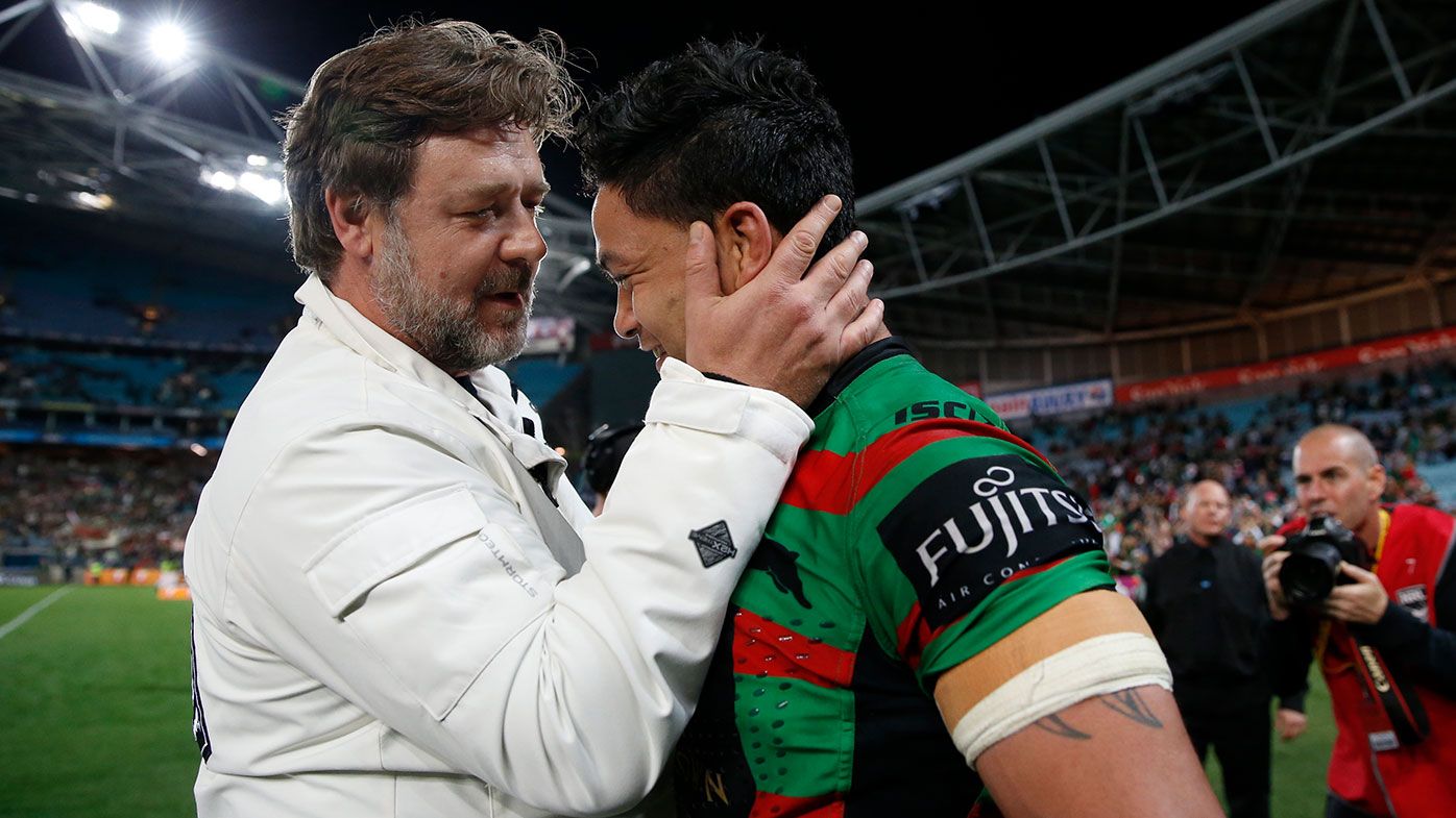 Issac Luke is congratulated by actor and part owner Russell Crowe after South Sydney&#x27;s preliminary final win back in 2014