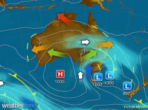 A complex low pressure system is generating strong, cold winds and shows to Victoria, Tasmania and New South Wales. (Weatherzone)