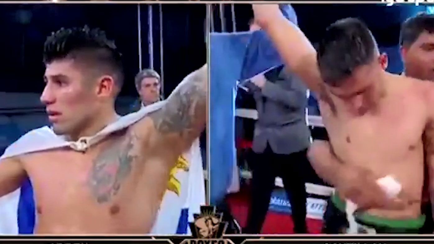 Hugo Santillan has trouble standing after his bout. He later tragically passed away at the age of just 23.