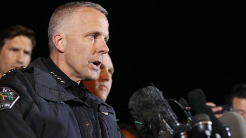 Austin Police Chief Brian Manley addresses reporters after the suspect's death. (AP/AAP)