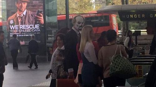 The 'clown' frightened commuters on a Melbourne train line. (Supplied)