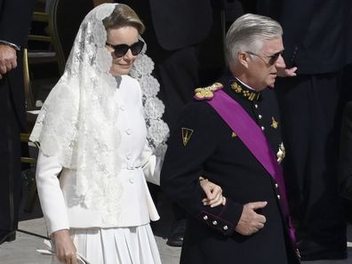 VATICAN CITY, VATICAN - MAY 18: Queen Mathilde of Belgium and King Philippe of Belgium arrive ahead of the Inauguration Mass of Pope Leo XIV in St Peter's Square on May 18, 2025 in Vatican City, Vatican. Pope Leo XIV (formerly Cardinal Robert Francis Prevost) presided over his inauguration mass in St Peter's Square after his election on May 8th. (Photo by Antonio Masiello/Getty Images)