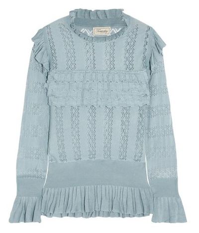 Absolutely has to be Temperley London but you already own the dress? Try this <a href="https://www.net-a-porter.com/au/en/product/913584?cm_mmc=Google-ProductSearch-AU--c-_-Net-a-Porter-AUPLA-_-AU-GS-KNITWEAR--Knitwear+push-_-__pla-345646751888_APAC&amp;gclid=EAIaIQobChMI34DHwNvn1gIVWH69Ch1_RQw1EAYYAiABEgKJjfD_BwE&amp;gclsrc=aw.ds" target="_blank" draggable="false">Cypre Ruffled Pointelle-Knit Sweater, $598.10.</a>