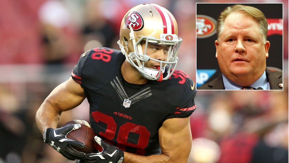 Jarryd Hayne and (inset) 49ers coach Chip Kelly. (Getty)